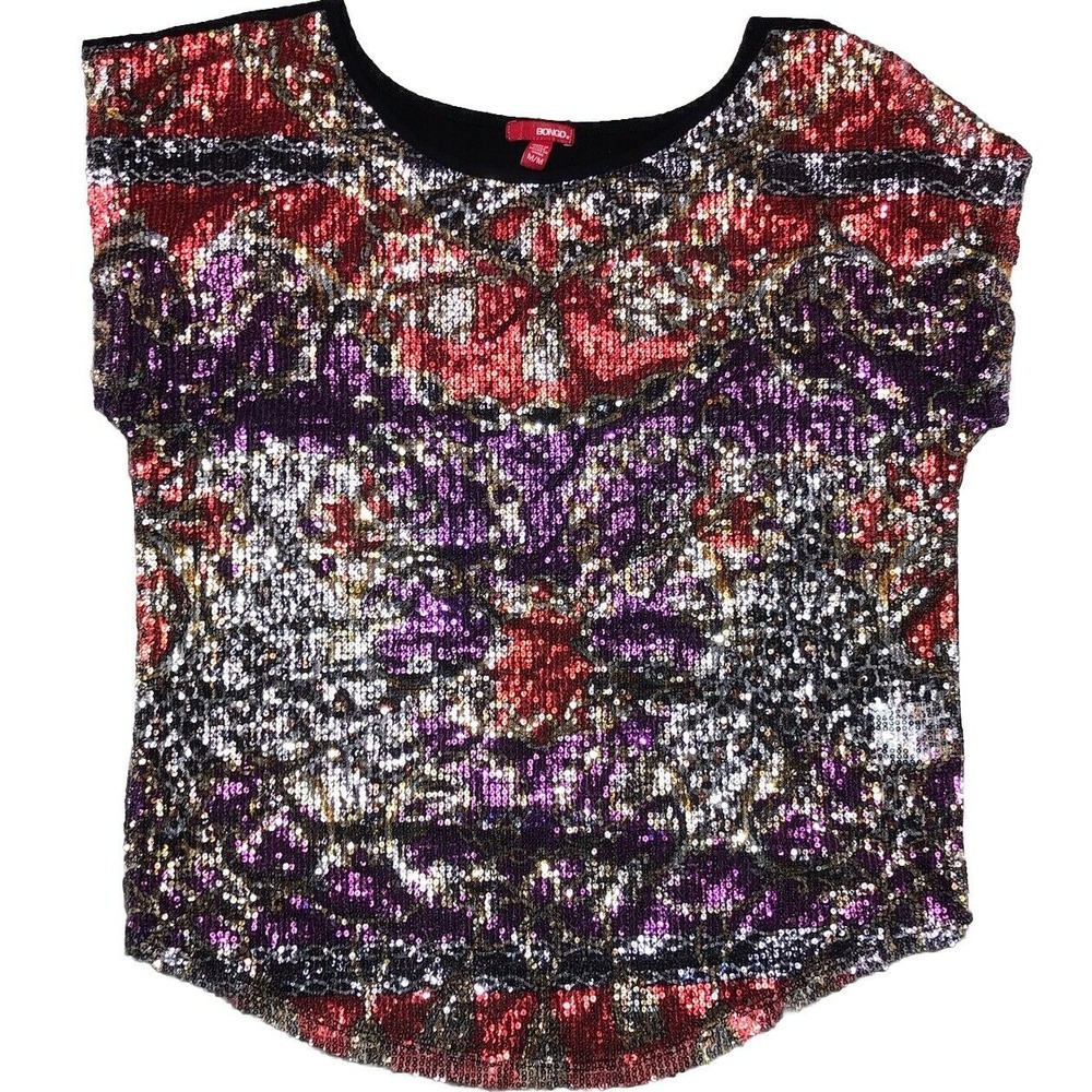 Bongo Women's M Top Black Sequined Leopard  Chains‎ Tassels Sleeveless Sheer Y2K